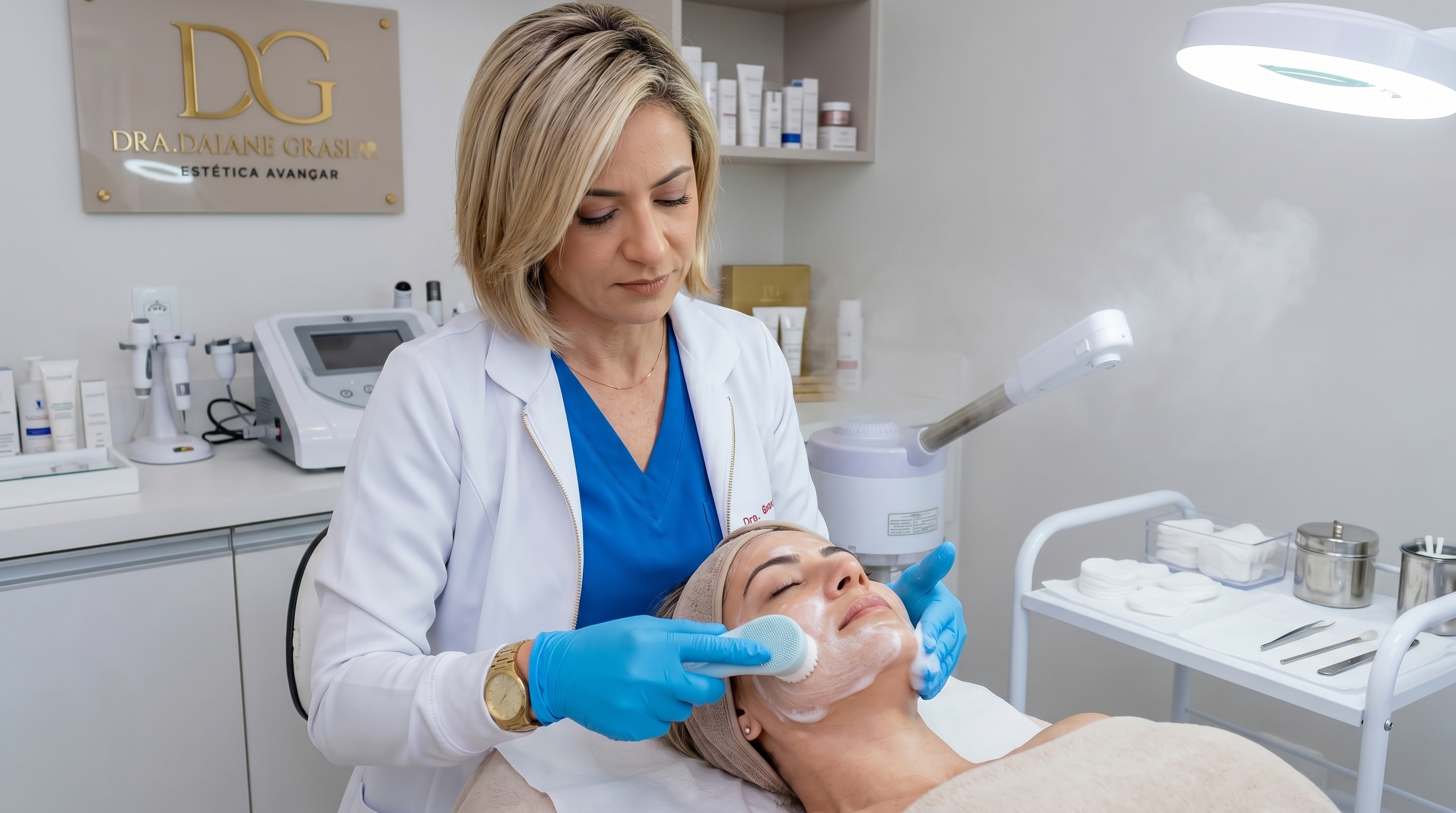 Dra. Daiane Grasieli realizando atendimento de limpeza de pele